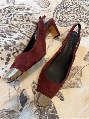 J Crew Burgundy Suede Slingback Heels with Silver Cap Toe